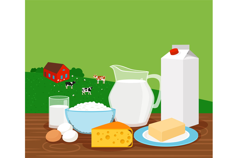 farm-landscape-with-milk-products-banner