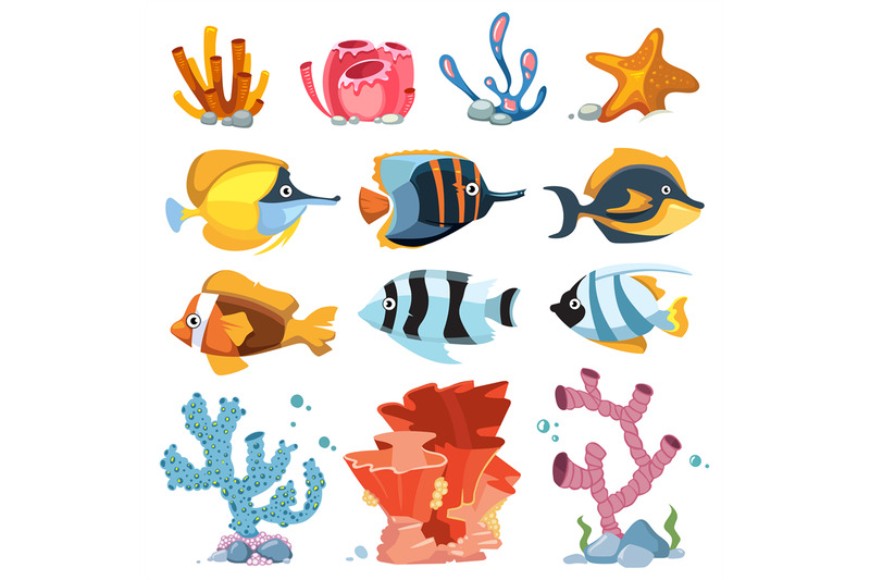 vector-cartoon-aquarium-decor-objects-underwater-plants-bright-fish