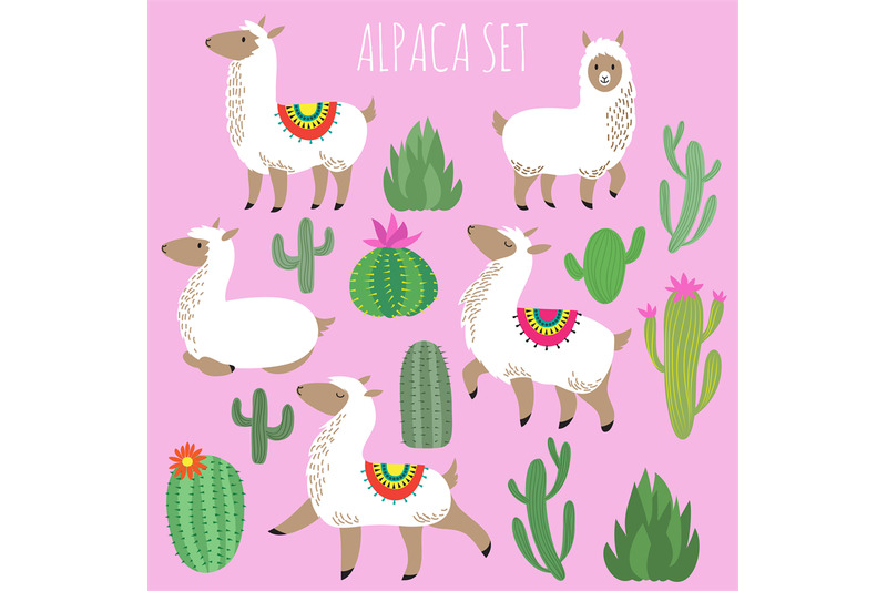 mexican-white-alpaca-lamas-and-desert-plants-vector-set