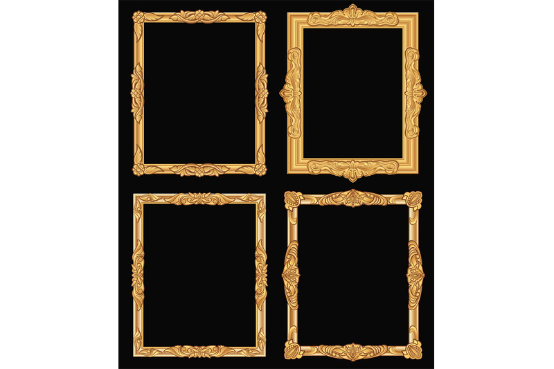 vintage-gold-ornate-square-frames-isolated-retro-shiny-luxury-golden