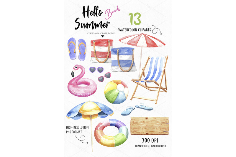 hello-summer-beach-watercolor-beach-cliparts