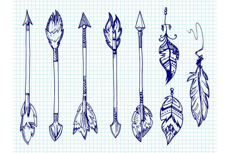 ballpoint-pen-feathers-and-arrows-set-on-notebook-page