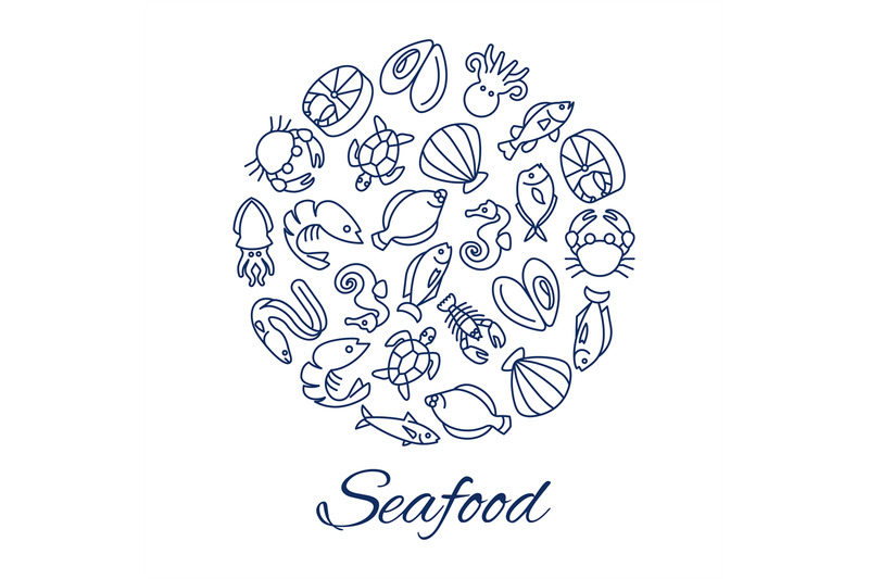 seafood-line-icons-round-concept-with-fishes-oyster-crabs-isolated-on