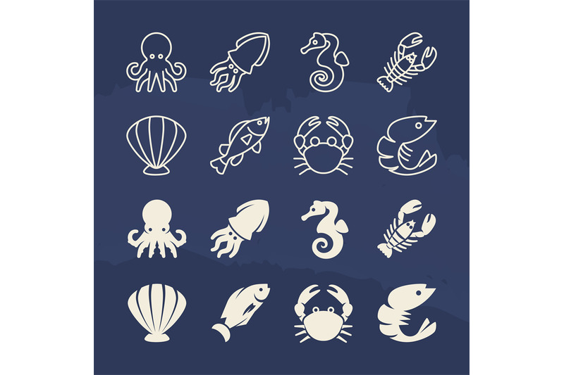 seafood-linear-and-silhouette-icons-set-on-grunge-background