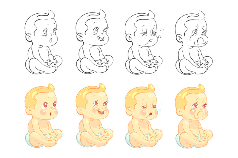 emotional-cute-baby-coloring-page-with-samples-isolated-on-white-backg