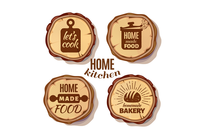 retro-kitchen-cooking-at-home-and-handmade-badges-on-saw-cut-tree-trun