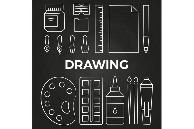 hand-drawn-linear-drawing-stationery-icons-on-chalkboard