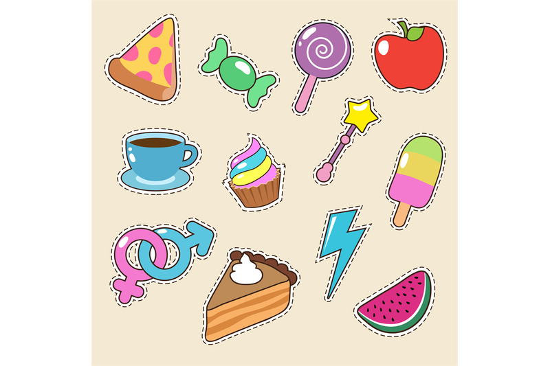 fruit-pizza-coffee-and-candy-stickers-vector-icons-girl-fashion-pat