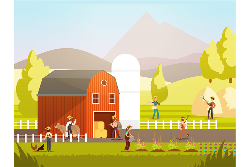 cartoon-farm-with-farmers-farm-animals-and-equipment-vector-illustrat
