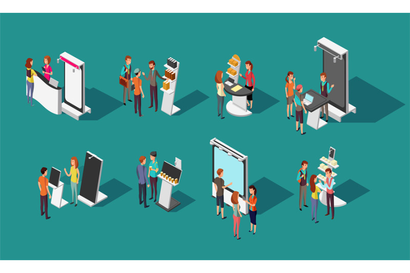 people-standing-at-expo-promotional-stands-vector-3d-isometric-set