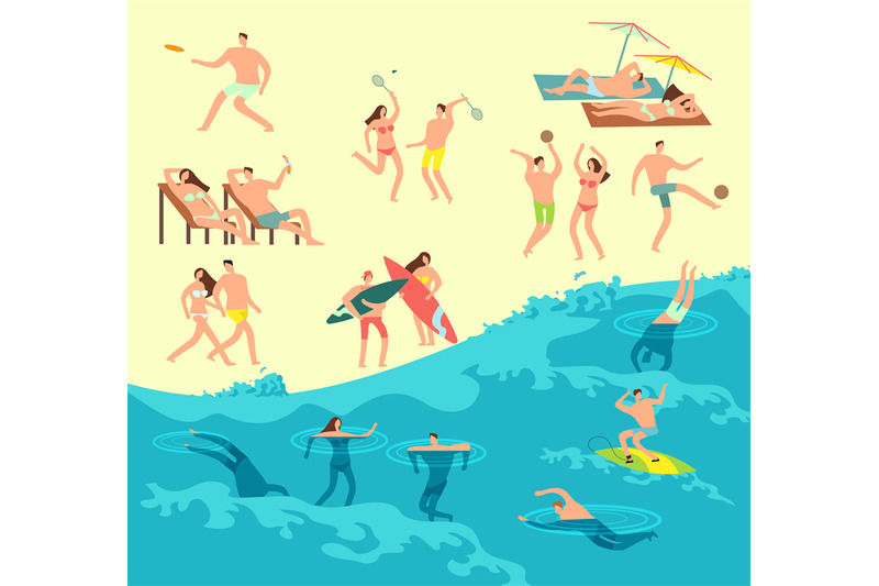 sunbathing-playing-and-swimming-people-in-summer-beach-vector-illustr