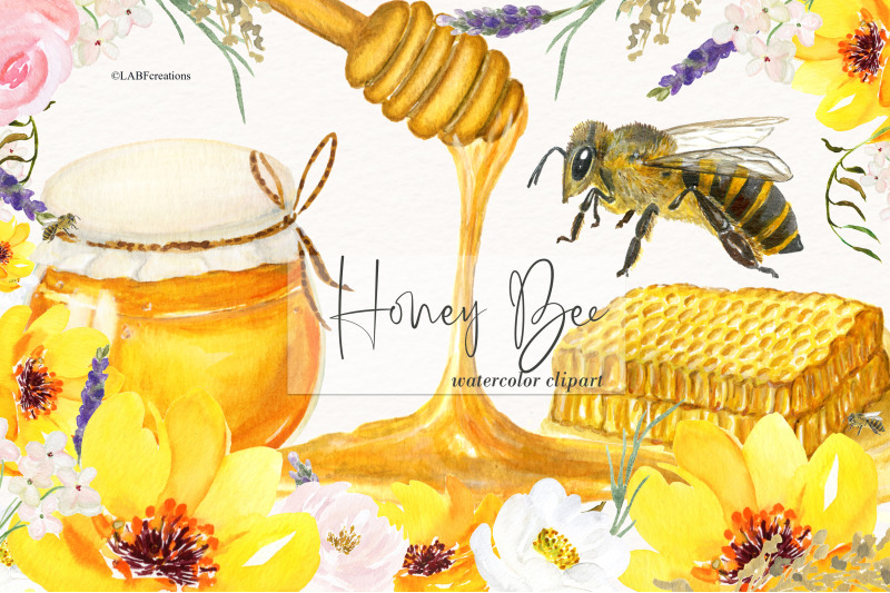 watercolor-honey-bee-clipart-honey-combs-and-hives