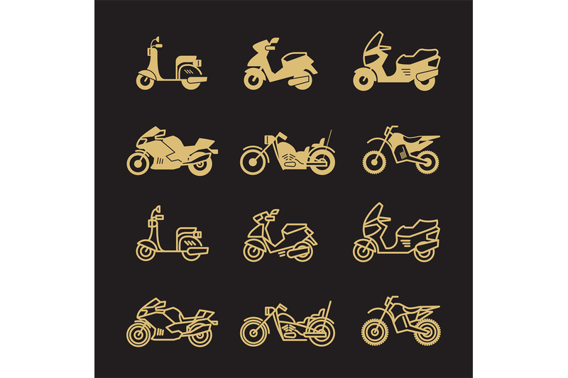 vintage-motorbike-and-motorcycle-icons-set-isolated-on-black-backgroun