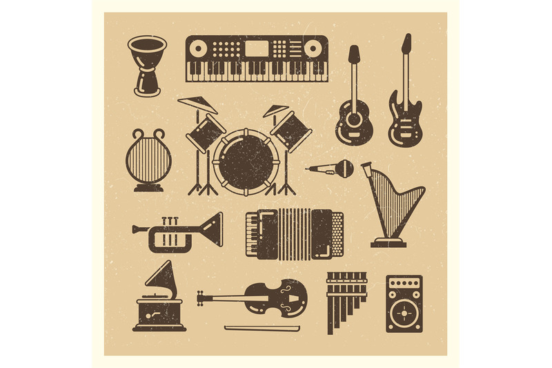 classic-music-instruments-grunge-silhouettes-set