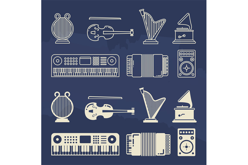 line-and-silhouette-classic-music-instruments-icons