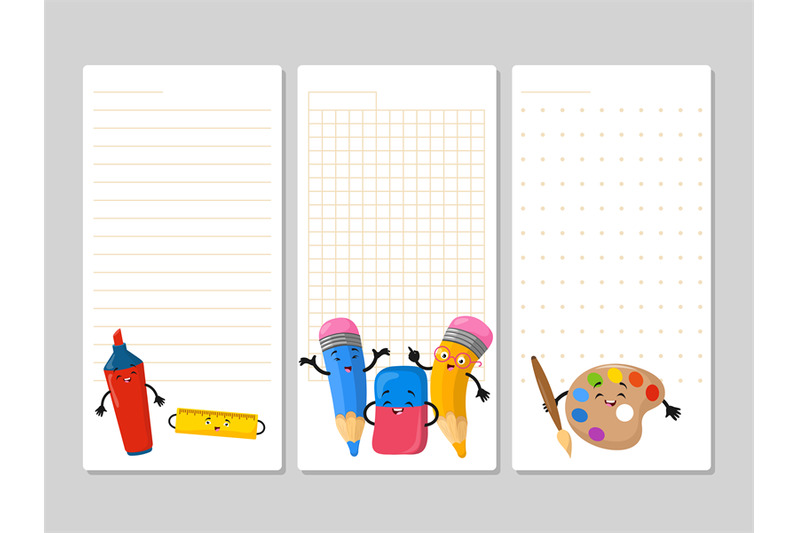 notepad-pages-with-cute-cartoon-pencils-eraser-marker
