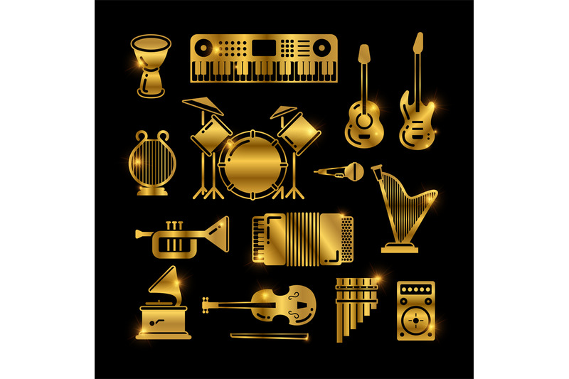 shiny-golden-classic-music-instruments-silhouettes-vector-icons