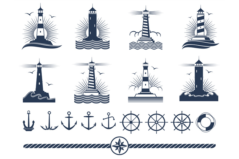 nautical-logos-and-elements-set-anchors-lighthouses-rope