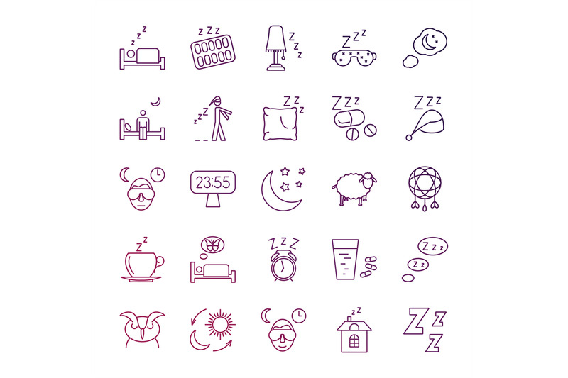 insomnia-problems-and-sleeping-line-icons-set