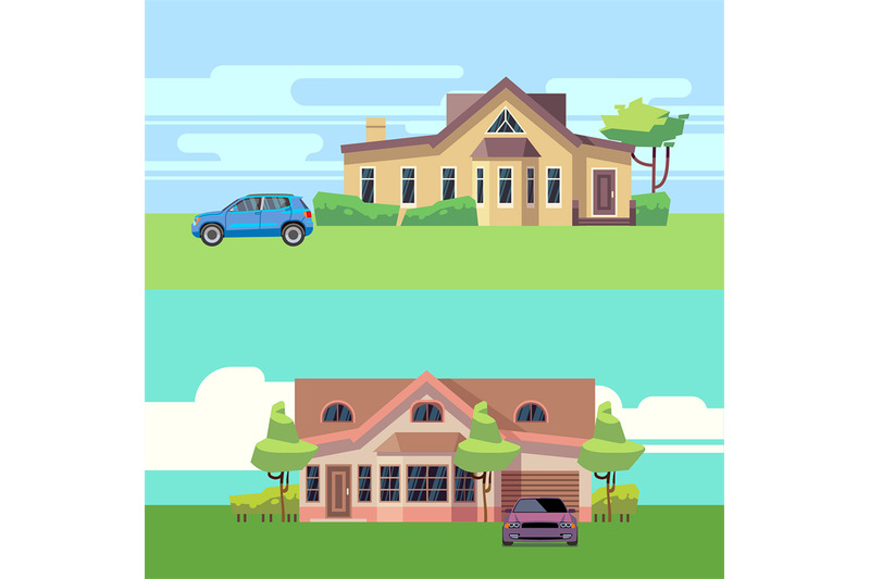 vector-horizontal-banners-with-houses-with-cars-flat-vector-illustrat