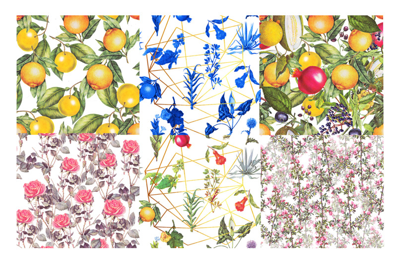 fruits-and-flowers-vintage-elegant-patterns-set