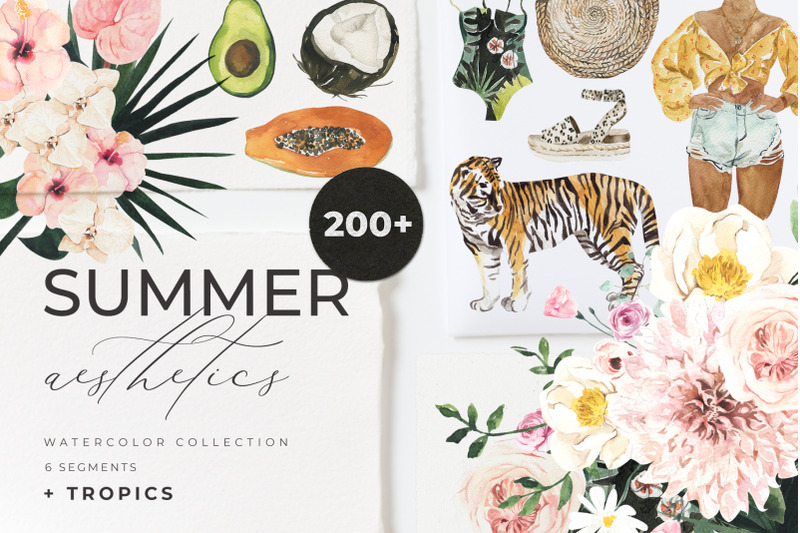 summer-aesthetics-watercolor-essentials-clipart-collection-tropical