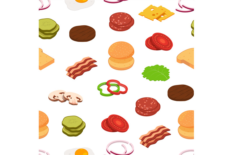 vector-isometric-burger-ingredients-pattern-background-illustration
