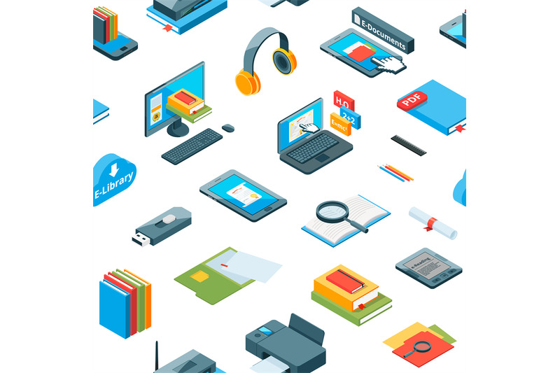 vector-isometric-online-education-icons-pattern-or-background-illustra