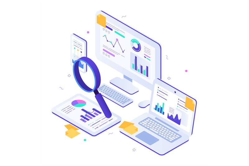 online-financial-audit-isometric-website-metrics-statistical-graphs