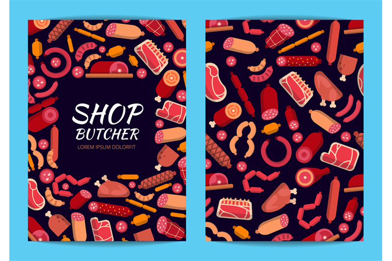 vector-flat-meat-and-sausages-icons-card-or-flyer-template-illustratio