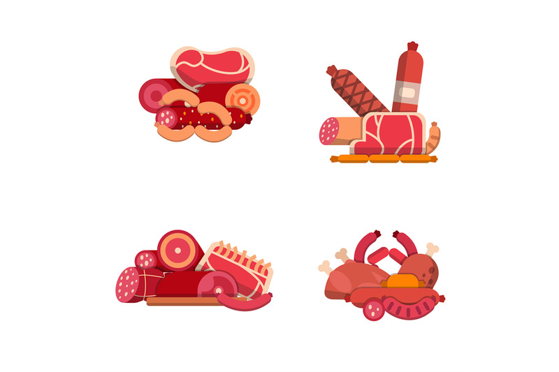 vector-flat-meat-and-sausages-icons-piles-set-isolated-on-white-backgr