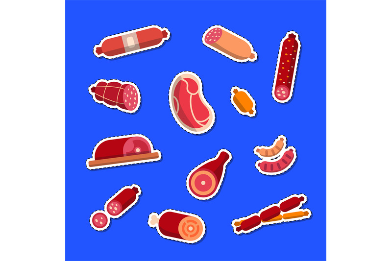 vector-flat-meat-and-sausages-icons-stickers-set-illustration