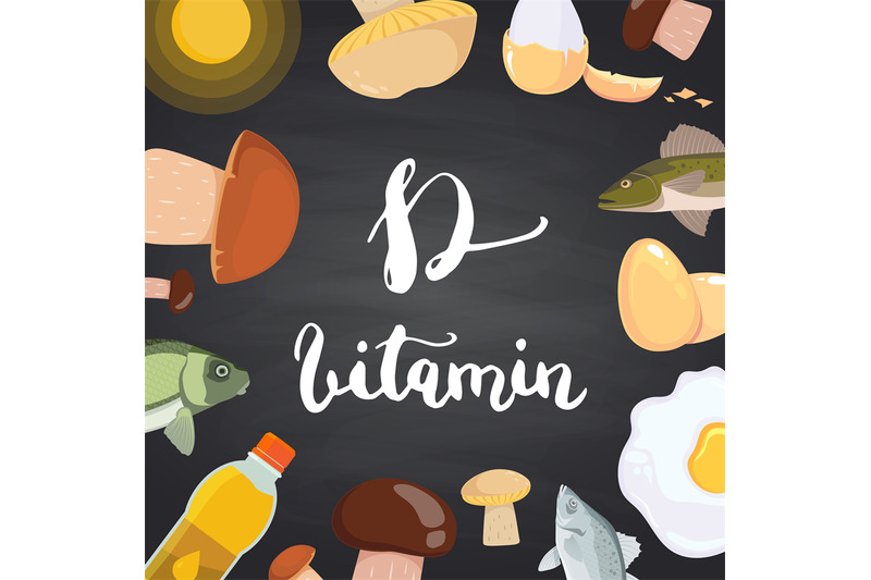 vector-vitamin-d-elements-mushrooms-eggs-sun-and-fish-on-black-chal