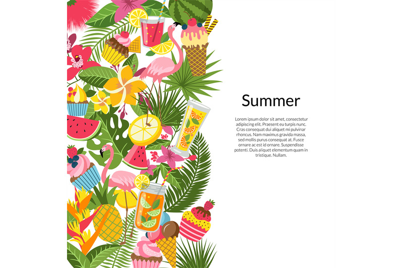 vector-flat-cute-summer-elements-cocktails-flamingo-palm-leaves-bac