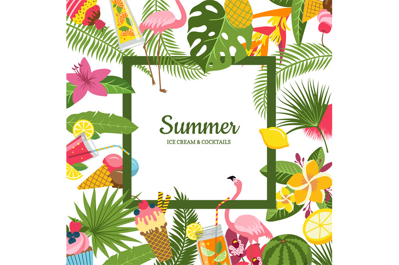vector-flat-cute-summer-cocktails-flamingo-palm-leaves-background
