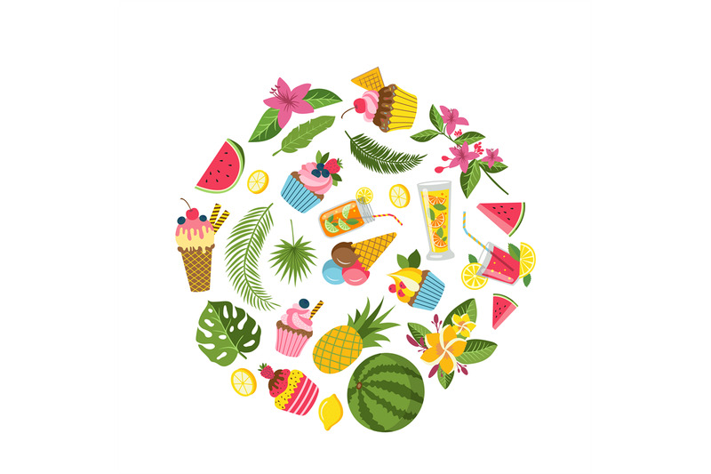 vector-flat-cute-summer-elements-cocktails-flamingo-palm-leaves