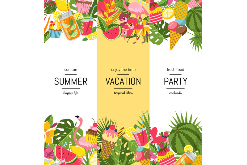 vector-flat-cute-summer-elements-cocktails-flamingo-palm-leaves-ban