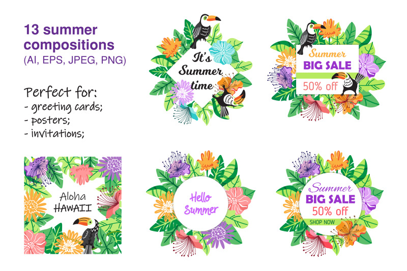 tropical-hot-summer-seamless-patterns-and-illustrations