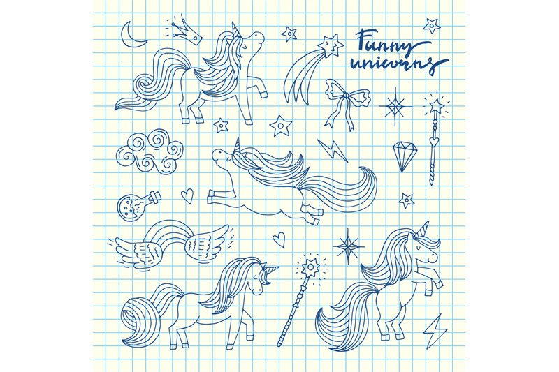 vector-cute-hand-drawn-magic-unicorns-and-stars-set-on-blue-cell-sheet