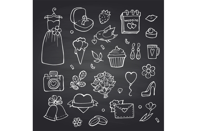 vector-doodle-wedding-elements-set-on-black-chalkboard-background-illu