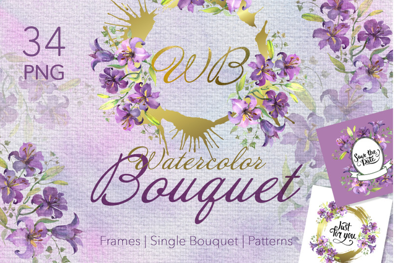 purple-watercolor-nbsp-bouquet-of-lilies-png-set