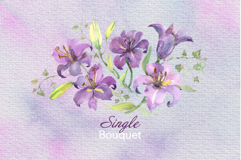 purple-watercolor-nbsp-bouquet-of-lilies-png-set