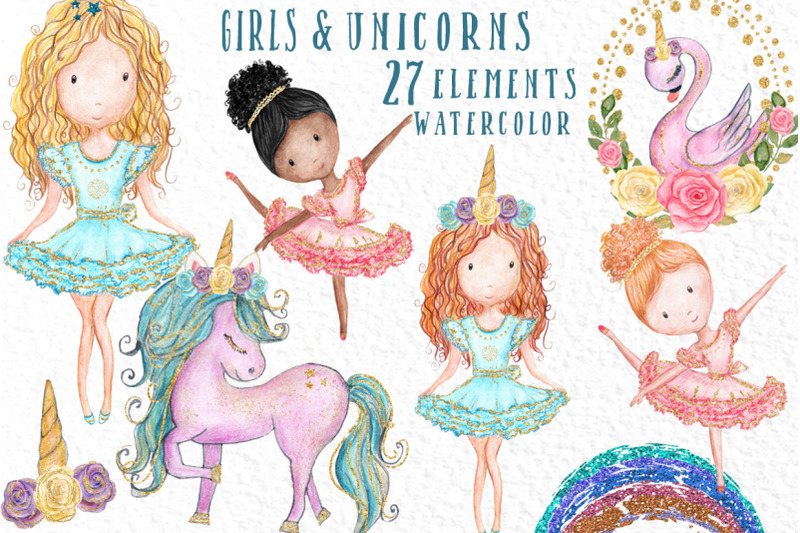 watercolor-girl-s-clipart-cute-unicorns-clipart-swan-clipart