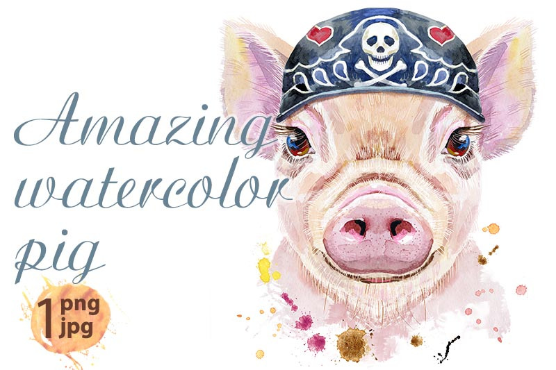 watercolor-portrait-of-mini-pig-wearing-biker-bandana