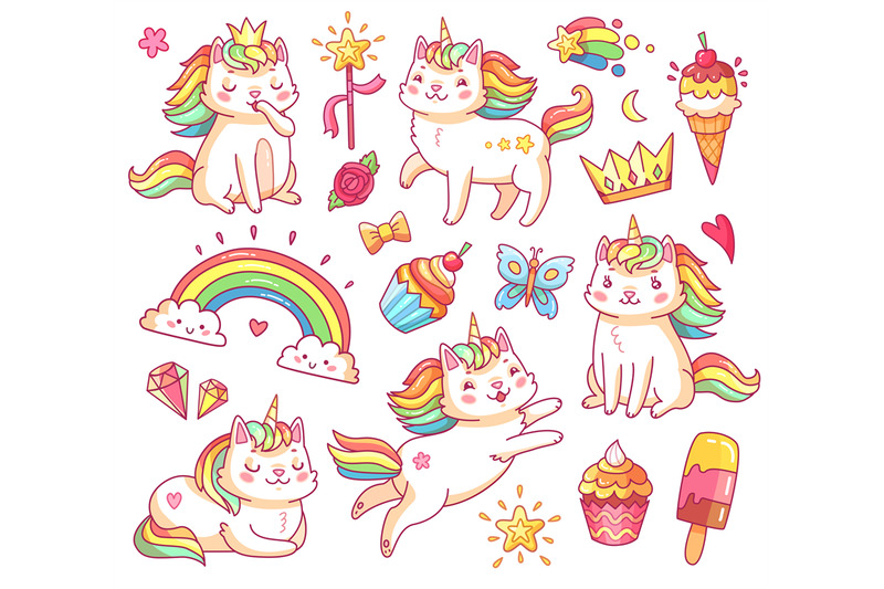magic-unicorn-cats-in-crown-sweet-cupcakes-ice-cream-rainbow-and-cl