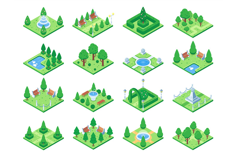 isometric-green-park-or-garden-trees-fountain-and-bushes-benches-and