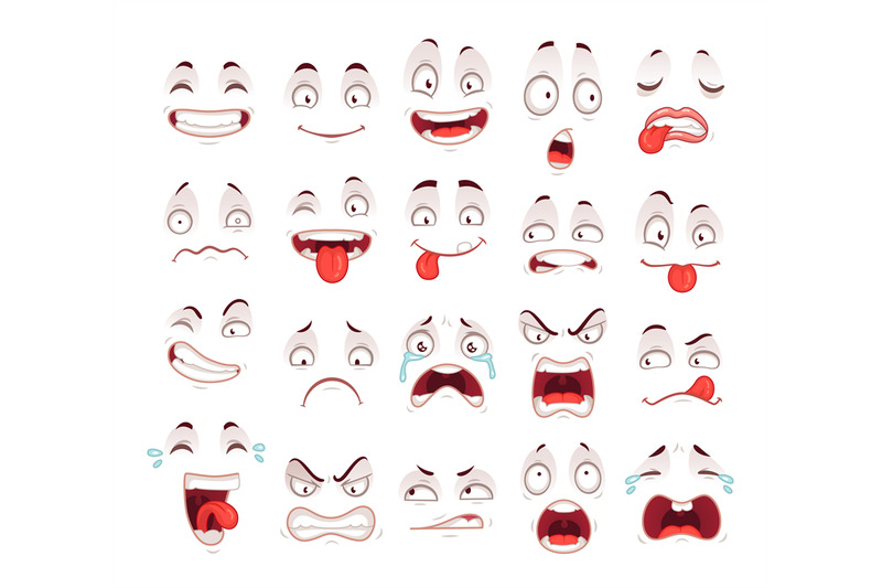 cartoon-faces-happy-excited-smile-laughing-unhappy-sad-cry-and-scared