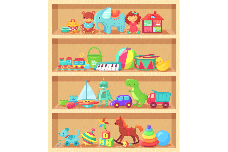 cartoon-toys-on-wood-shelves-funny-animal-baby-piano-girl-doll-and-pl