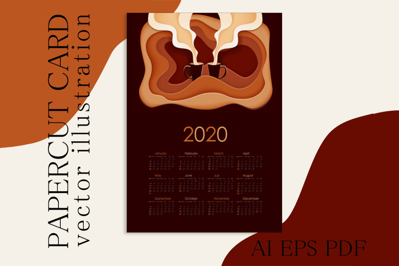 paper-cut-calendar-with-coffee-illustration-for-2020-year-2020-year