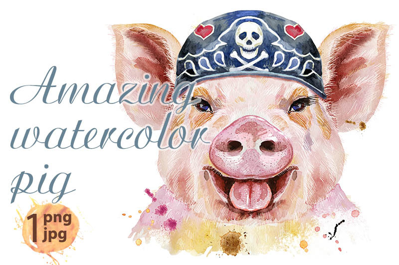 watercolor-portrait-of-pig-wearing-biker-bandana